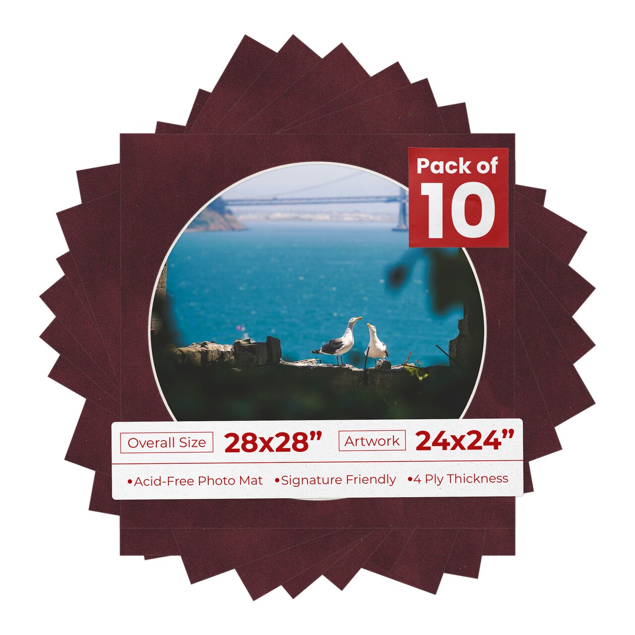 Dark Red Suede Mat Board for 28x28 Frames - Circle Opening for 24x24 Photos